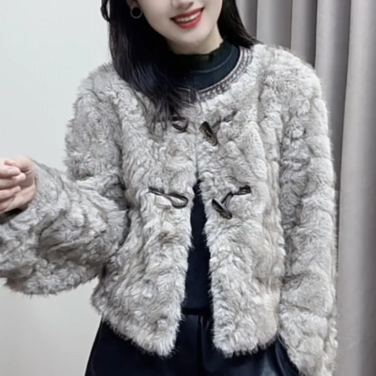 网红短款韩版灯笼袖牛角扣洋气百搭人造毛毛外套女 8802
