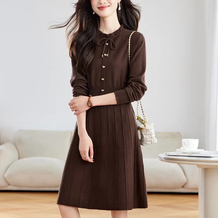 木耳边收腰连衣裙显瘦气质高级感针织打底衫秋冬中长款毛衣裙洋气