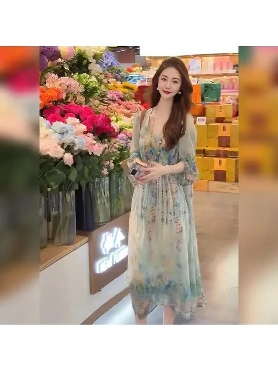 真丝时尚夏季新款气质法式连衣裙女慵懒显瘦印花洋气高级感裙子