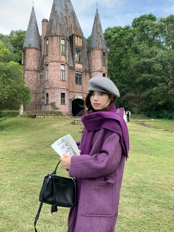 米米子【10/21新品】定制紫色宽松型长款学院风毛呢外套时尚秋冬女