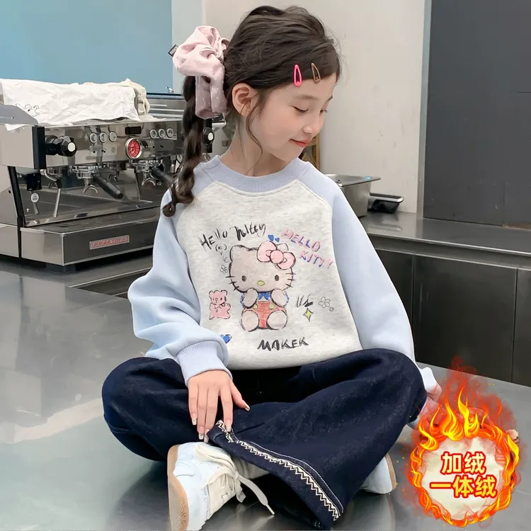 女童加绒加厚卫衣2025秋冬新款儿童洋气韩版女孩冬装卡通拼色上衣