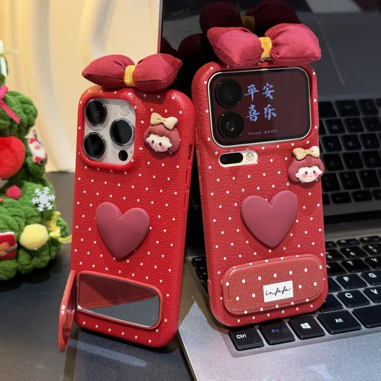 波点爱心女孩支架适用苹果17/16pro皮纹手机壳小米15vivo华为oppo