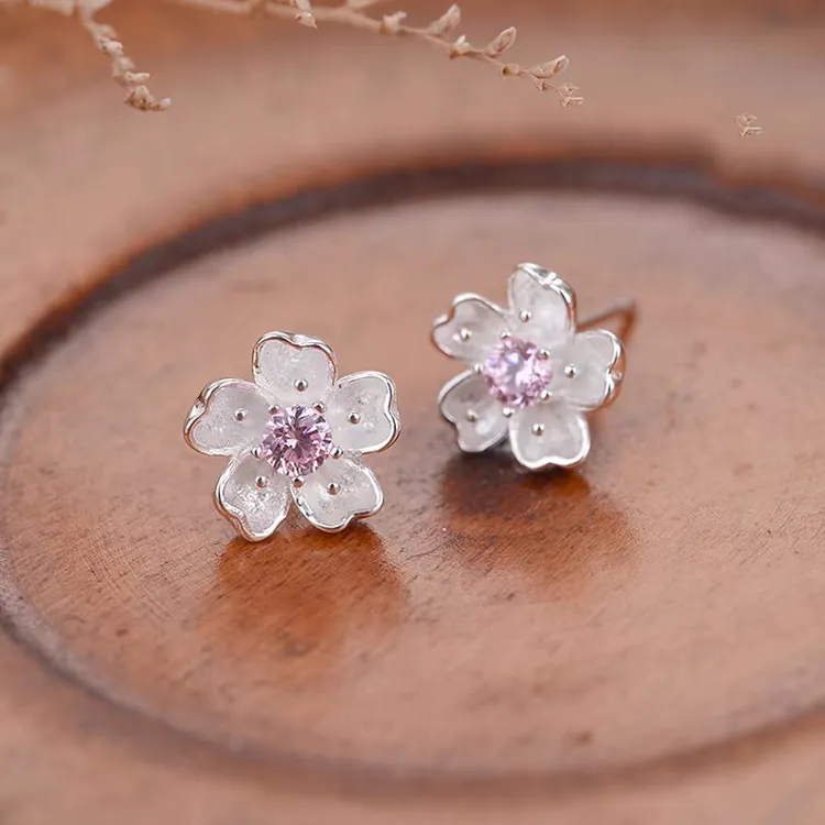 足银合成锆石耳饰 足银990樱花粉色锆石耳钉