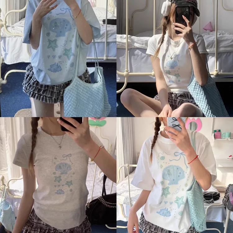 【夏日人鱼姬】甜美贝壳印花T恤百搭少女风圆领短袖上衣女