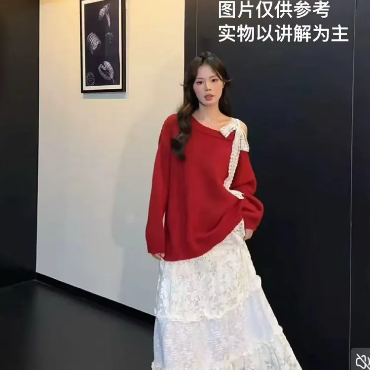 【肉肉家】新年圣诞氛围感蕾丝系带蝴蝶结红色毛衣半身裙699910-15