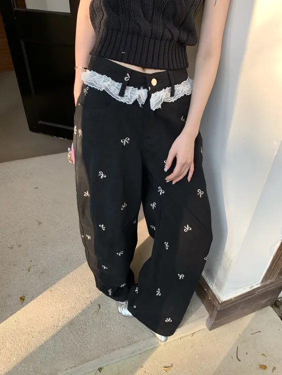 番茄妹妹Tomatosister 黑色牛仔裤今年流行夏阔腿宽松显瘦蕾丝裤