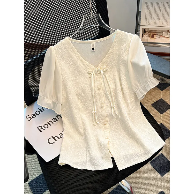 新中式国风v领衬衫女夏2025新款法式泡泡袖正肩上衣独特漂亮小衫