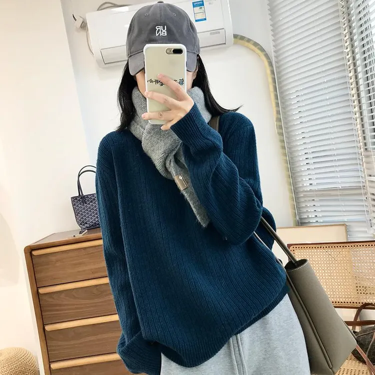 显白软糯竖坑条宽松套头针织衫纯色慵懒毛衣显瘦圆领内搭打底衫女
