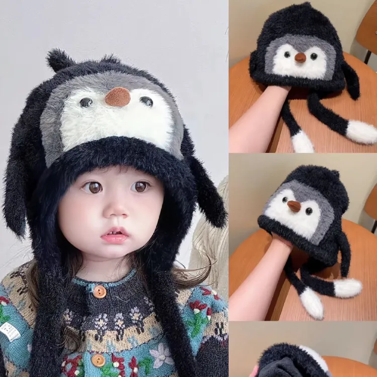 25年新款 秋冬儿童帽子 宝宝卡通风护耳帽保暖企鹅加厚冬款发声款