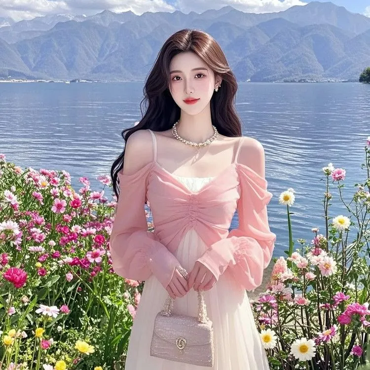 2025春季新款多巴胺绝美小裙法式气质独特轻奢粉色假两件连衣裙女