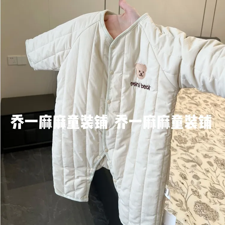 宝宝棉轻薄夹棉连体衣刺绣小熊棉服秋冬哈衣男女婴儿保暖连体衣