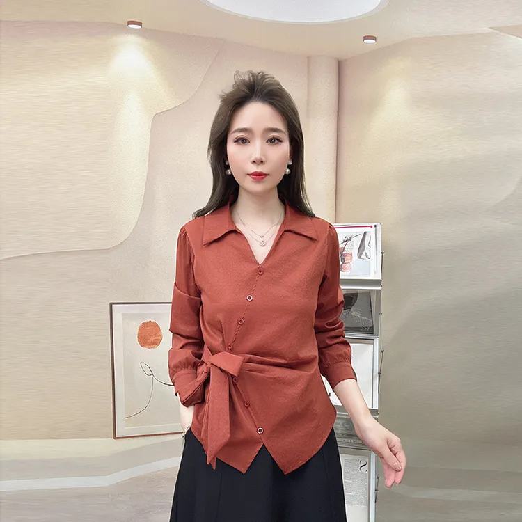 2025秋季新款修身长袖休闲风宽松型绑带衬衫洋气衬衣女装小衫女