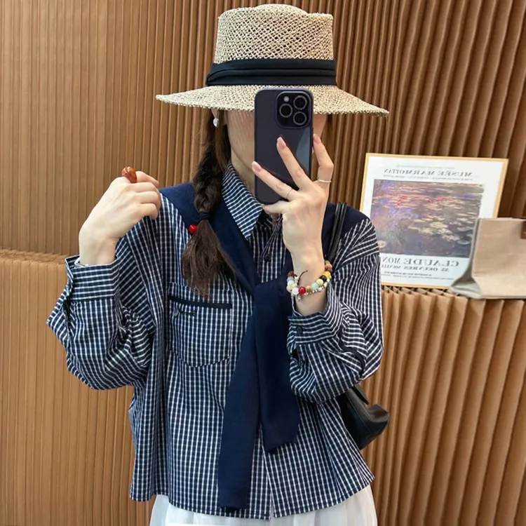 韩式长袖格子衬衫女2025秋季新款洋气宽松显瘦休闲小个子披肩上衣
