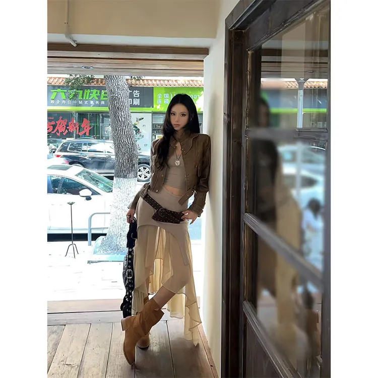 韩系复古修身内搭吊带上衣宽松长袖夹克皮衣外套高腰显瘦半身裙女