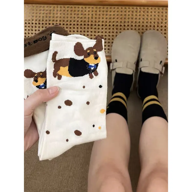 腊肠狗卡通袜子女韩国东大门折叠两穿春夏季吸汗棉质学院中筒袜