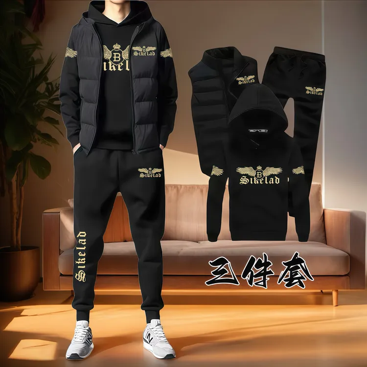休闲运动套装加绒加厚长袖连帽马甲三件套秋冬潮流休闲运动服男