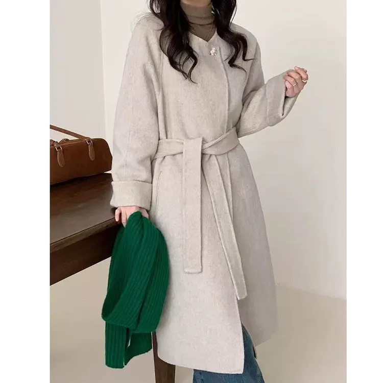 圆领中长款高端双面羊毛大衣女士过膝系带2025新款秋冬外套59308A