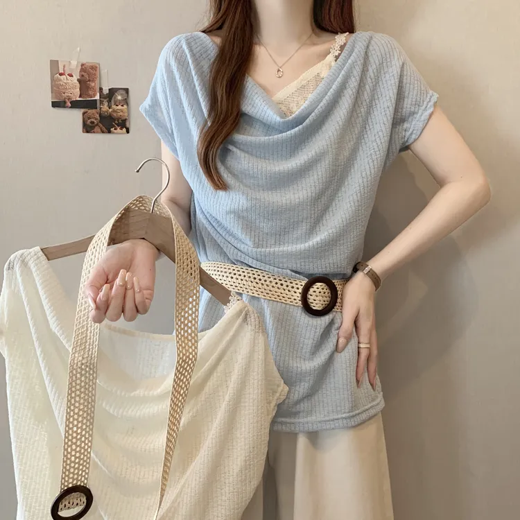 微胖妹妹大码高级感荡领短袖T恤新款一字肩假两件拼接上衣配腰带