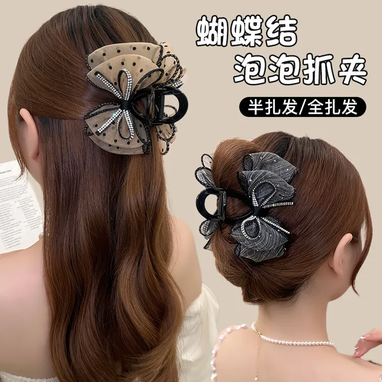 高级感蝴蝶结泡泡抓夹女后脑勺半扎发发卡夏天气质鲨鱼夹夹子头饰