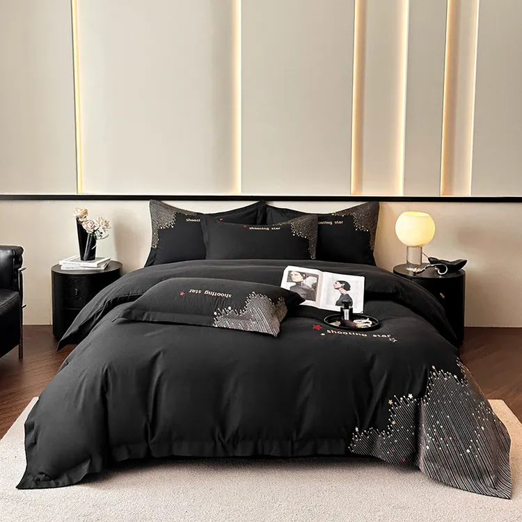 轻奢高级感男士黑色四件套全棉裸睡床单被套四季通用纯棉床上用品