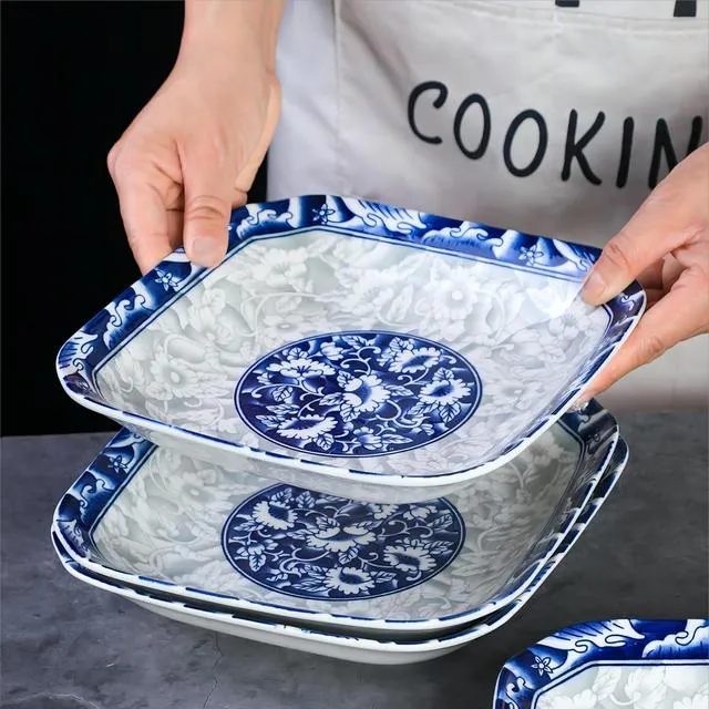 青花瓷大号如意方盘菜盘创意方盘陶瓷深盘釉下彩家用盘子微波炉