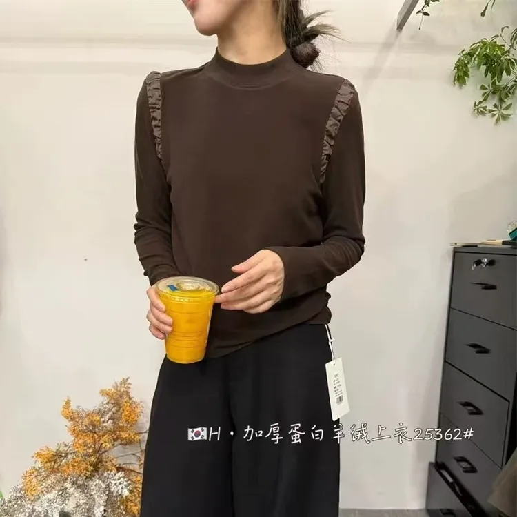 新款时尚减龄高弹力半高领拼接加绒打底衫