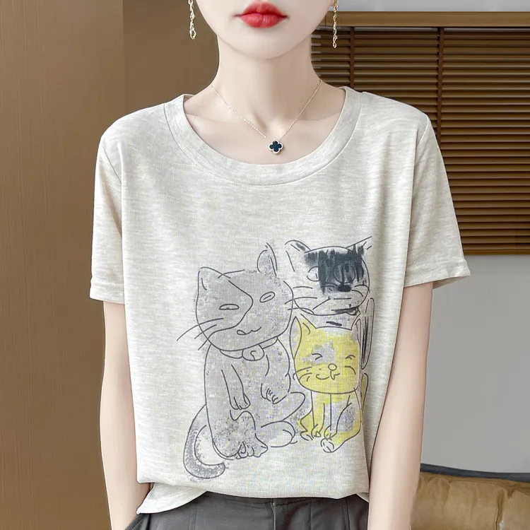 哥弟阿玛施正品夏季薄款猫咪印花短袖甜美t恤女休闲百搭显瘦上衣