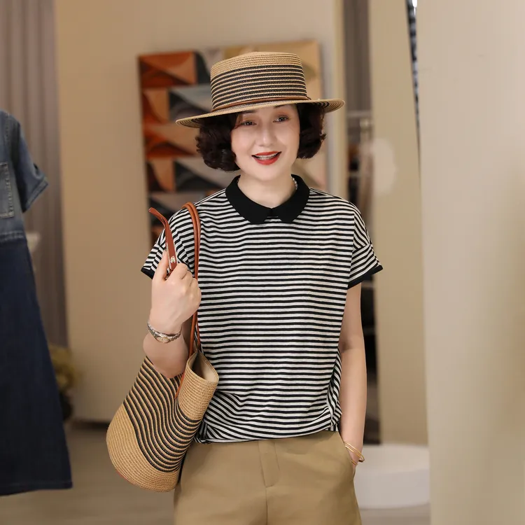 条纹翻领T恤宽松显瘦短袖上衣女515-02079