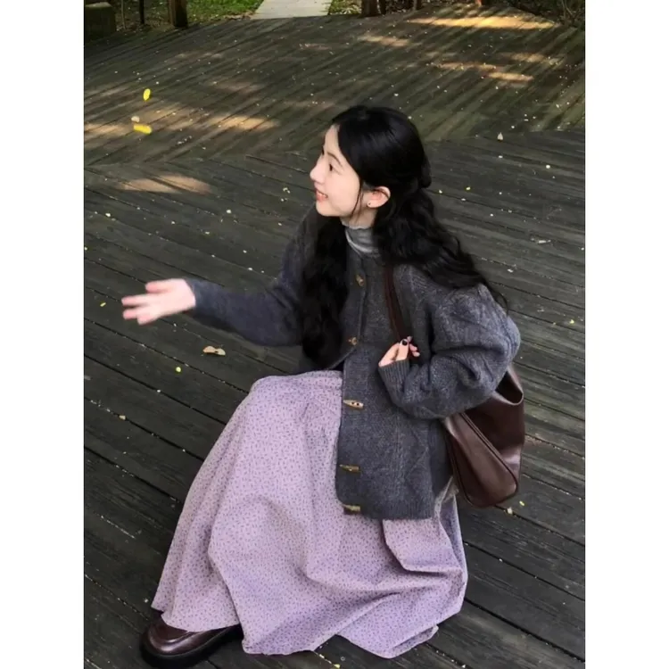 MARIE.COCO韩系慵懒风牛角扣毛衣外套内搭打底衫波点半身裙三件套