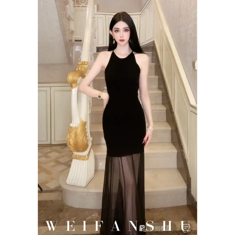 WEIFANSHU/魏凡舒【优雅共舞】早秋新款黑色修身显瘦设计感连衣裙