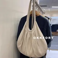 小众棉麻褶皱肌理感单肩包大容量休闲百搭韩系简约托特贝壳手提包