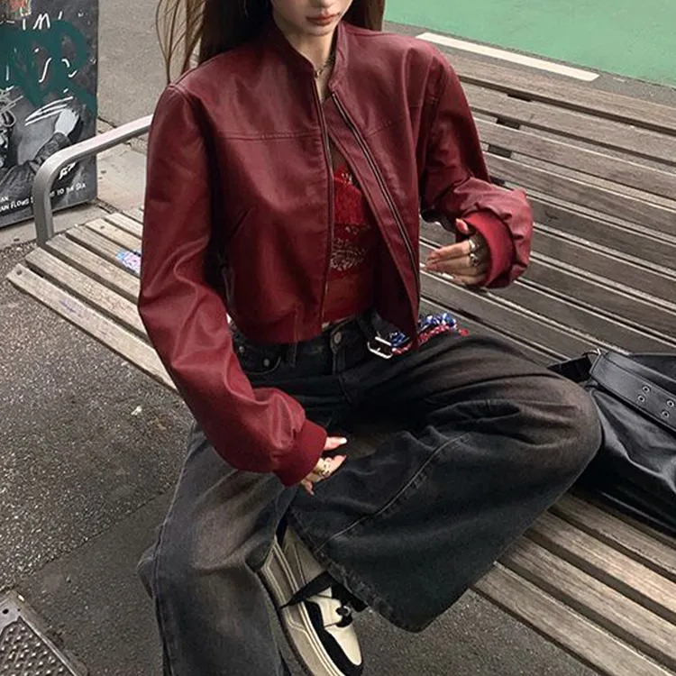 美式复古红短款百搭皮衣外套秋冬款洋气高级感机车小个子夹克上衣