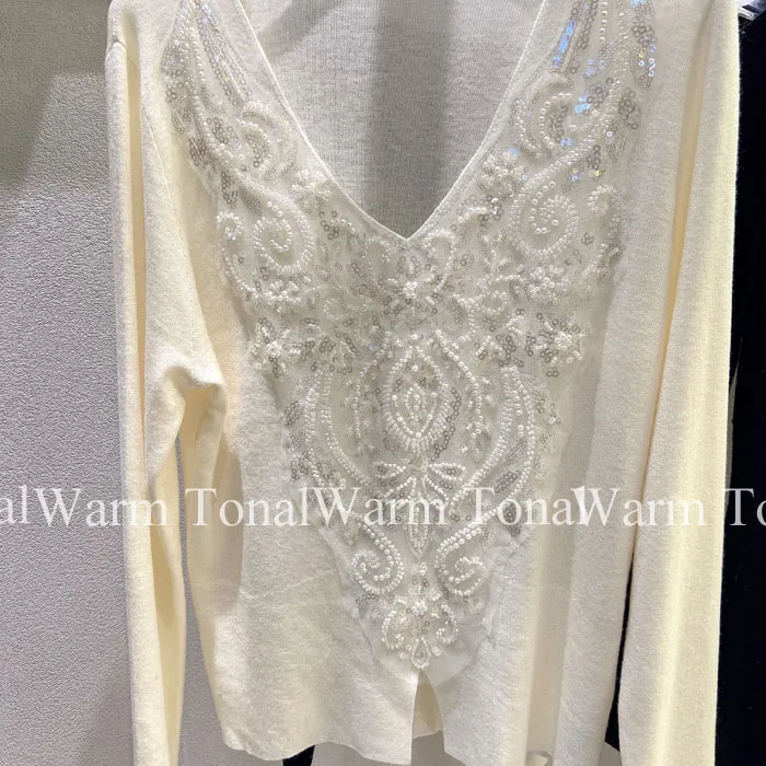 亮片刺绣V领针织衫女设计感内搭气质打底衫上衣新款爆