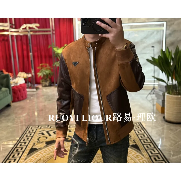 【路易理欧】欧货时尚棒球领经典款三角标绵羊皮潮流夹克0453