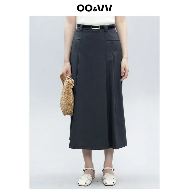 OO&VV深灰色西装半身裙女2025新款休闲百搭高腰抽褶中长a字裙秋