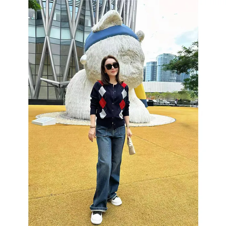 JESSICA WU撞色几何菱格三色勾边针织开衫2597X04028