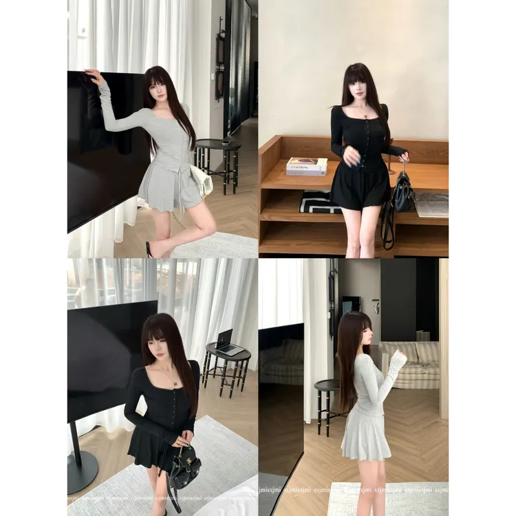 甜氧韩女复古U领长袖修身打底开衫上衣半身裙两件套装小个子