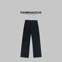 PANPAN“威尼斯裤”新款松弛感水洗显瘦红色缝线直筒深色牛仔裤