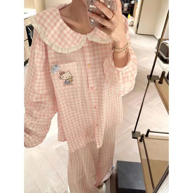粉格hellokitty春秋睡衣女2025新款长袖可爱甜美少女风家居服外穿