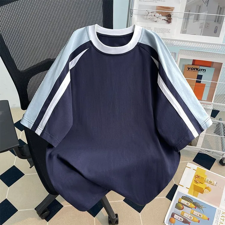 欧美风ins基础款夏季纯棉新款2025拼接撞色宽松短袖T恤男女款上衣