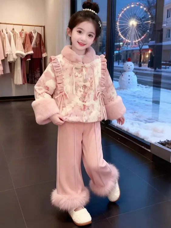 女童加绒年服套装冬季2025新款儿童新中式唐装女孩国风加厚两件套
