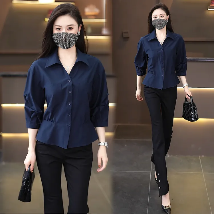 爆款气质衬衣女七分袖收腰上衣洋气穿搭2025新款衬衫巨好看的小衫