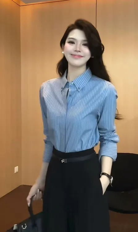【雨月雾屿】设计感高级时尚小众显瘦长袖条纹衬衫0912款(不含腰带）