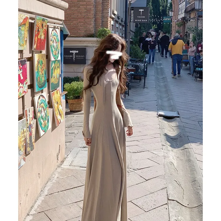 【秋漫醺】芭蕾风艺术大裙摆方领系带针织长裙收腰长袖连衣裙