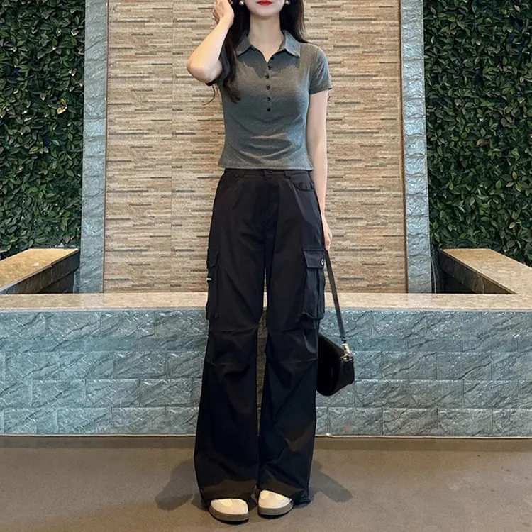 2025夏季新款洋气衣服女修身显瘦短袖T恤上衣高腰工装裤两件套