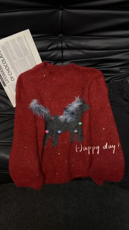 复古圣诞红色卡通小马套头亮片毛衣女秋冬宽松慵懒风外穿针织上衣