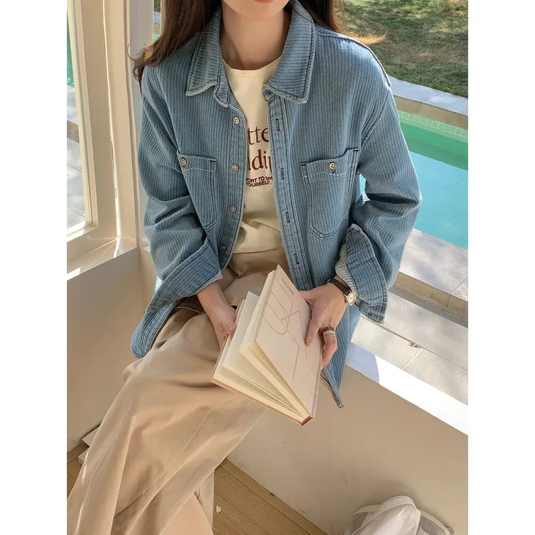 衬衫宽松长袖百搭牛仔软糯复古牛仔上衣时髦韩版女浅蓝叠穿厚实