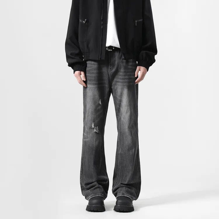 G3016美式复古高街设计感脚口磨烂重工洗水闪电纹牛仔裤