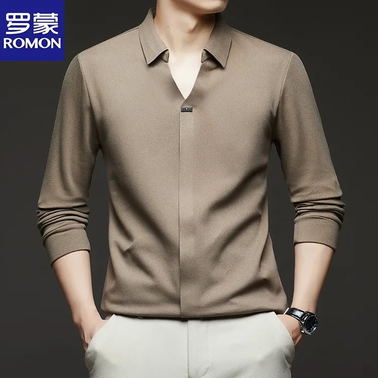 罗蒙剪刀领长袖t恤男2025新款春秋款体恤德绒休闲打底衫无痕压胶