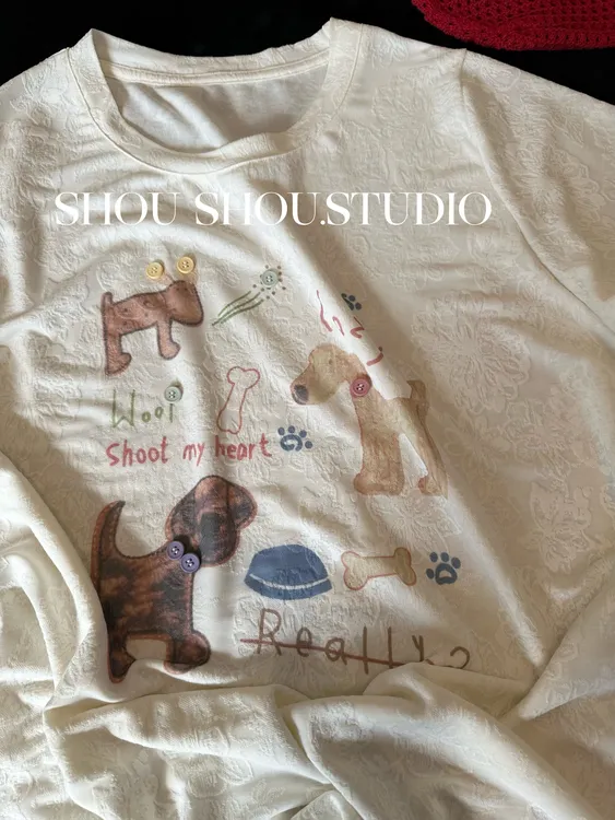 【瘦瘦】吃饭小狗-大码夏季印花立体纽扣绣花可爱显瘦短袖S01792